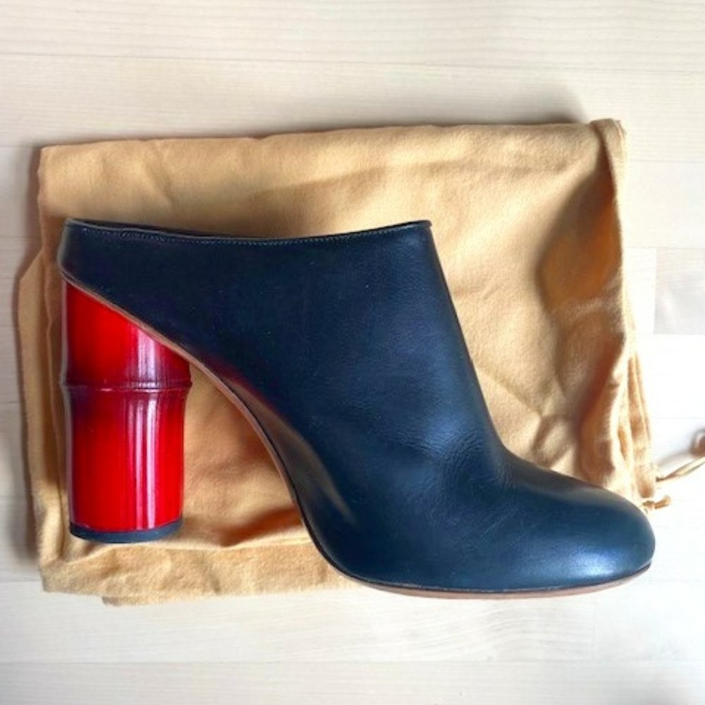 Acne Studios- Black leather mules with red bamboo heel, Size EU 39